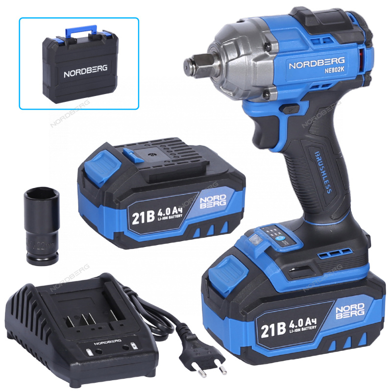 Гайковерт аккумуляторный,1/2",21В,500Нм с двумя 4A аккум. и зар.уст-вом, в кейсе NORDBERG NE802K